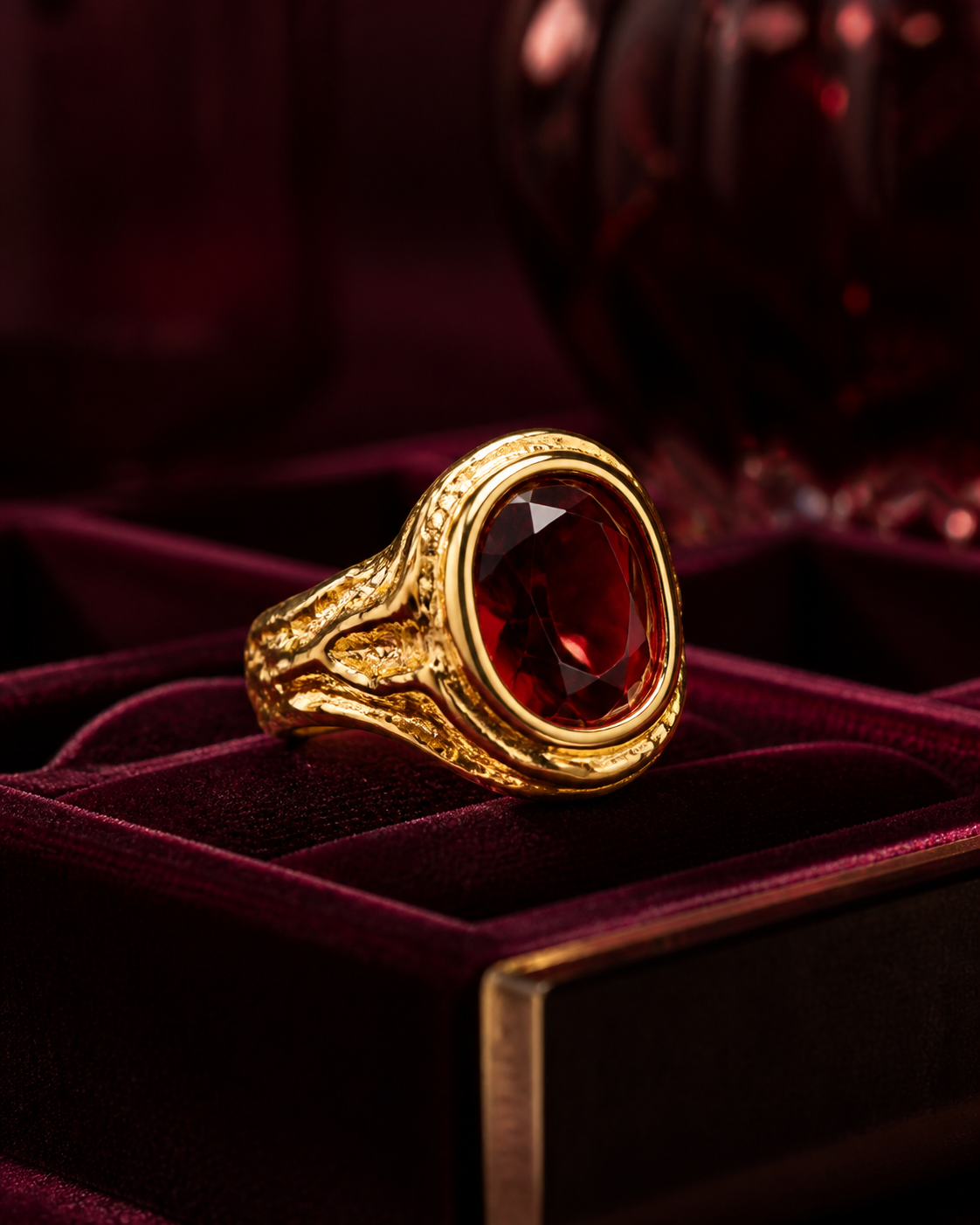 Gold ring with a deep red gemstone